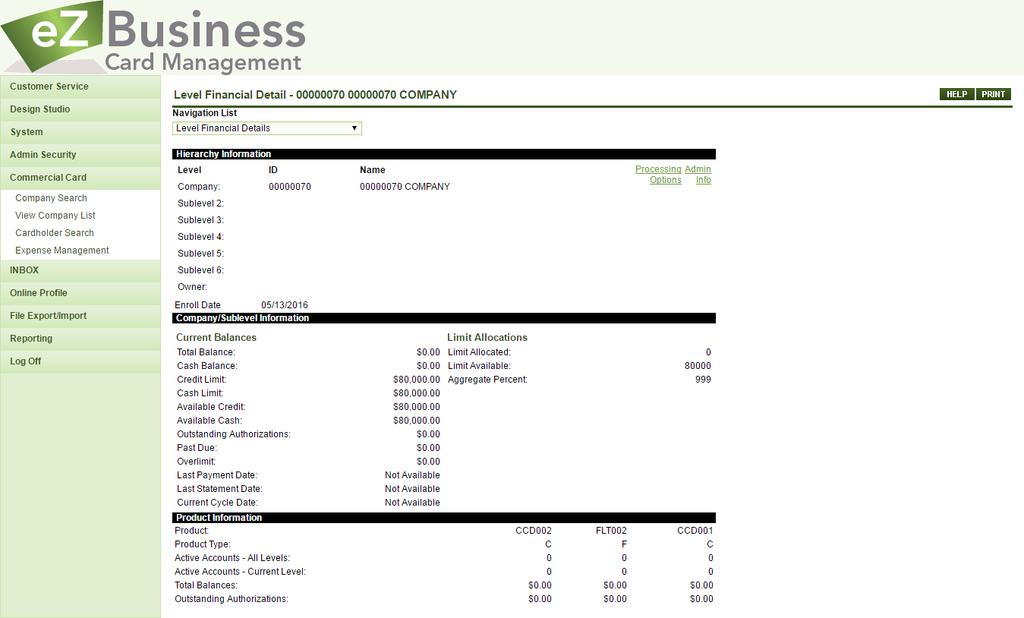 COMMERCIAL CARD VIEWING LEVEL FINANCIAL DETAILS The Level Financial Detail page allows you to view financial information, including balances and credit limit data, for a specific company or sublevel.