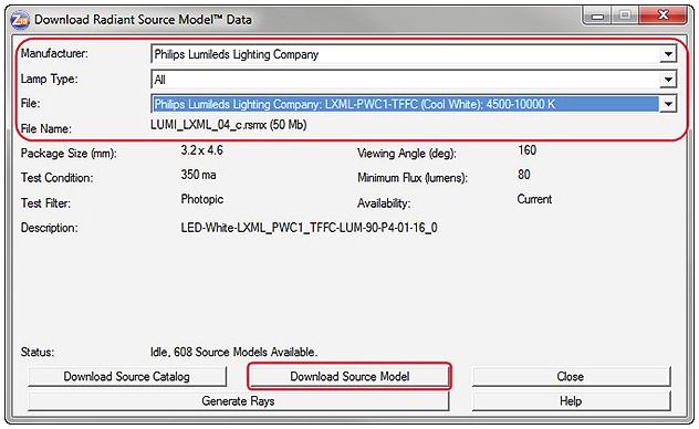 Within this feature, you may select the vendor (manufacturer) whose sources you wish to view, and additionally sort the data by lamp type (i.e. arc lamp, LED, etc.). You can ensure that all of the models supplied by a particular vendor are up-to-date by selecting the option to Download Source Catalog.