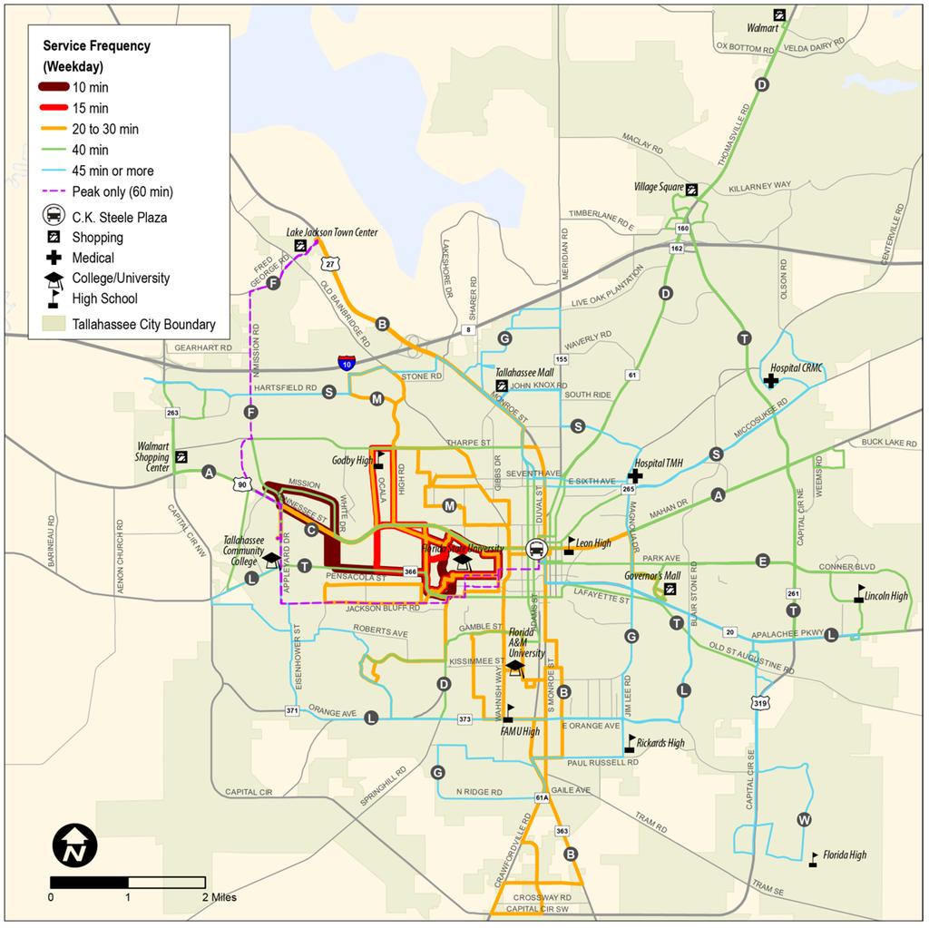 StarMetro Service Frequency FSU routes Most routes run every