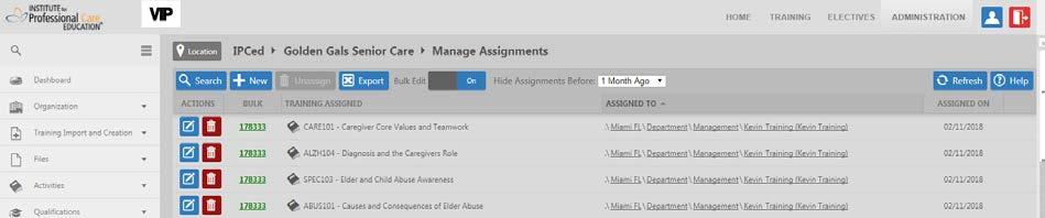 The Manage Assignments page shows the following: Assigned Activities The username (or Team, Group, etc.) that was assigned the training The date the training was assigned.