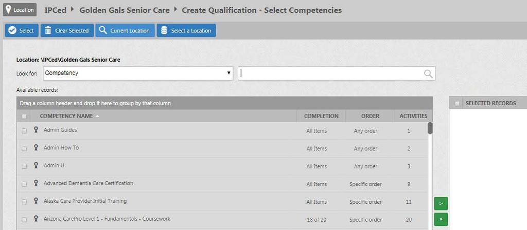 Clicking this selector icon will take you to a screen with the available Competencies in your online campus from which to choose (see screen shot below). 5.