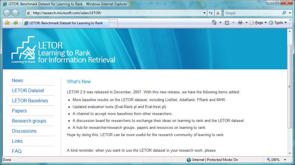 Contextual Ads (3) LETOR: Benchmark Dataset for Learning to Rank http://research.microsoft.
