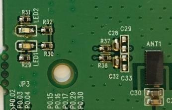 17 and P0.18 on the module. An LED is turned on by driving the respective IO pin low (0).