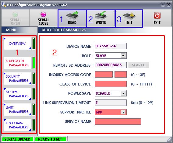 11 How to complete PC Configuration? (5) If the <Figure 11-2> comes up, set each blank (Red borders N.1~2) to (COM PORT Port connected to FB100AS, BAUDRATE 9600, PARITY BIT None, STOP BIT 1).