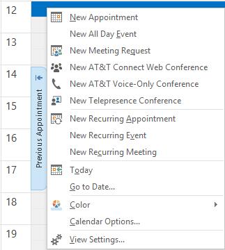 Scheduling an AT&T Connect web conference In Calendar view, right-click the specific calendar time slot and