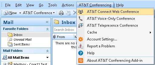 or Outlook 2007: In the top menu bar, select AT&T Connect Web Conference from the AT&T Conferencing menu.