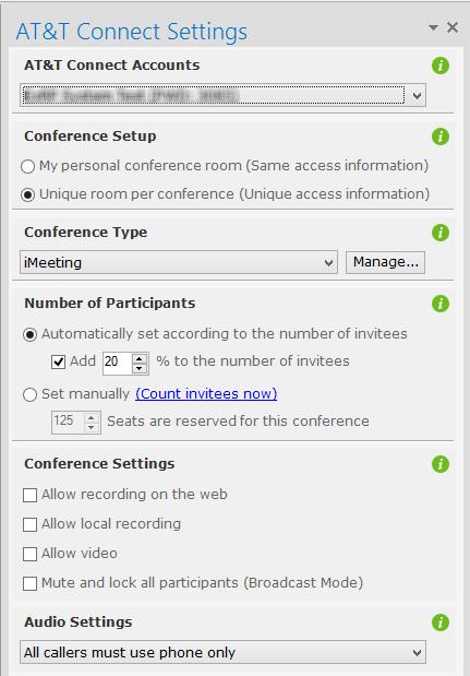 Setting Meeting Options Note: For details pertaining to the use the AT&T Connect Settings panel, mouse-over the