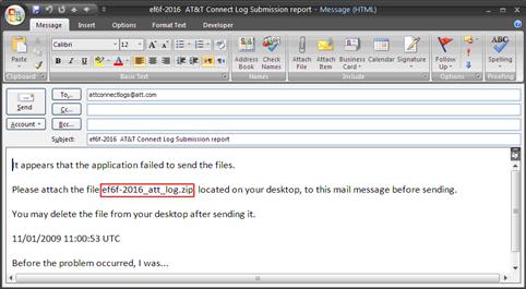 Reporting an application problem To send a report when the send operation fails: 1. Attach the file located on your desktop to the email message.