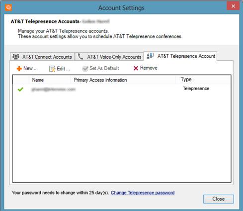 Creating and managing AT&T Telepresence accounts 3. The number of days remaining until you must change your password appears at the bottom of the window.