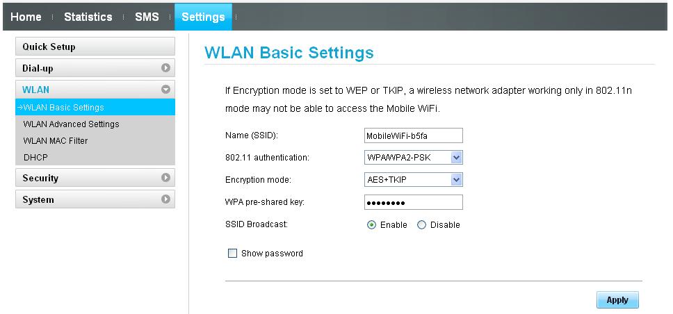 new WIFI key directly in WPA Pre Shared Key bar or select show password option the view the password Q14: How long it may take to fully charge E5331 and how long E5331 can work by using the fully