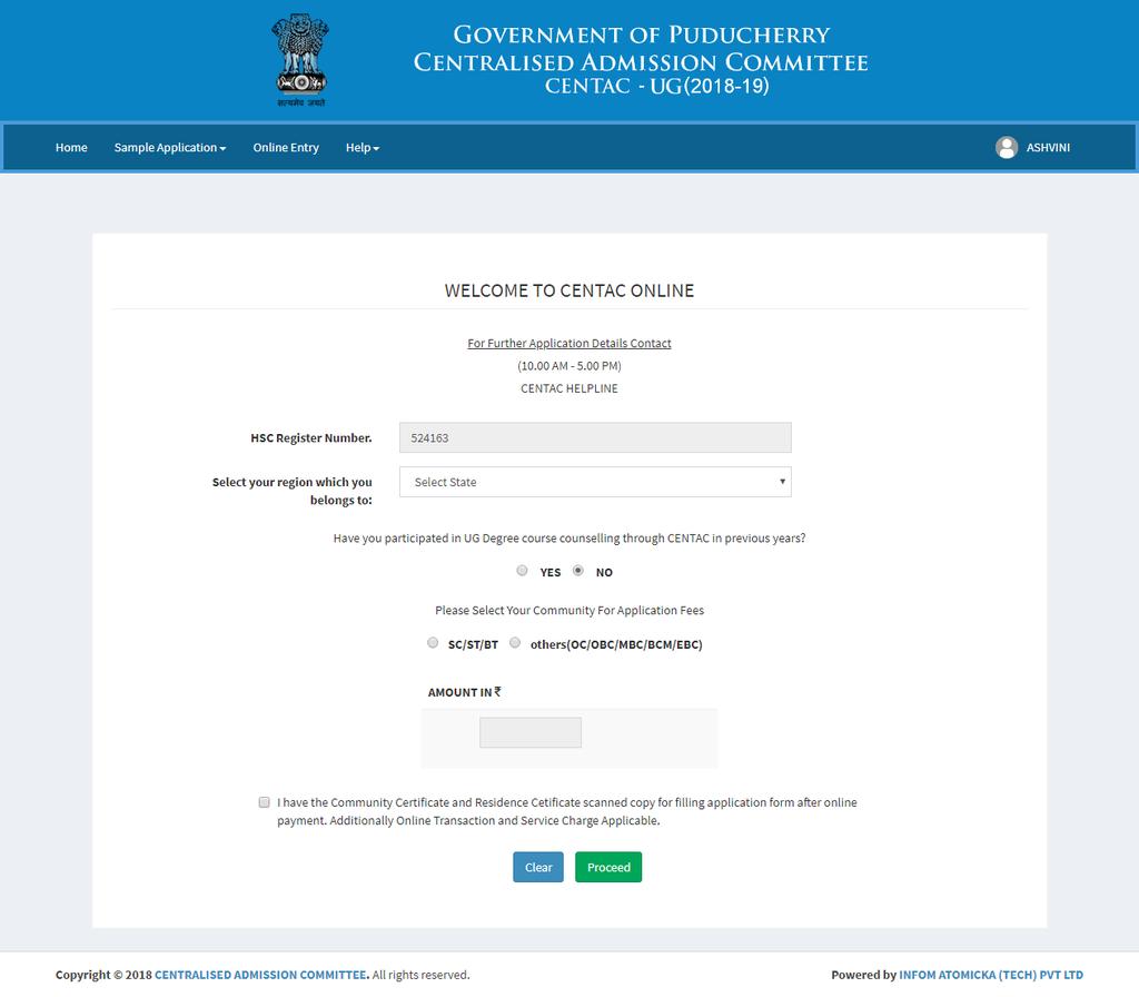 Select your Region Enter your12 th Register number Select your Community Are you availed seats through CENTAC in previous years To make changes in course click clear Click here to proceed for Payment