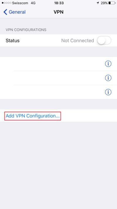 Select Add VPN Configuration and enter the detais: Type: IKEv2 Server: DNS