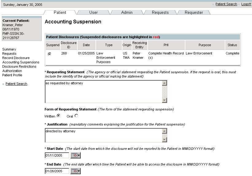 Enter the suspension details: requesting statement and form, justification, and start and end date.