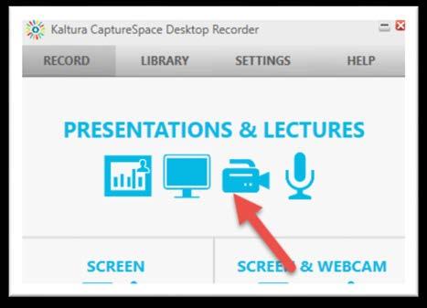 Click on Presentations & Lectures in the Record tab 1. Begin by selecting the webcam you would like to use (A).