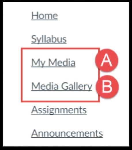 Getting Started with My Media and Media Gallery 1. Login to Canvas, click on a course, and then locate My Media (A) and Media Gallery (B) in Course Navigation. a. My Media is where you will find all of your Kaltura content.