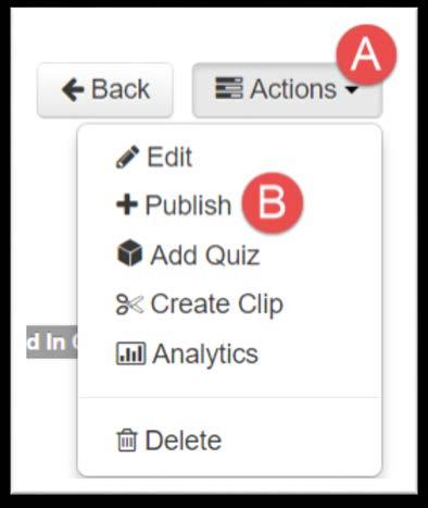 Publish The Publish option located in the Actions menu will publish videos into the Media Gallery. To get started, click on the Actions menu (A) and select Publish (B).
