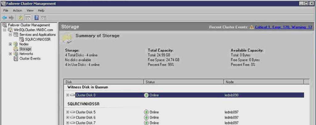 Bare Metal Recovery of Microsoft SQL Server Figure 2 Quorum drive statistics on the Storage page in Failover Cluster Management d. On the SQL Server active node, start the NetWorker User program. e.