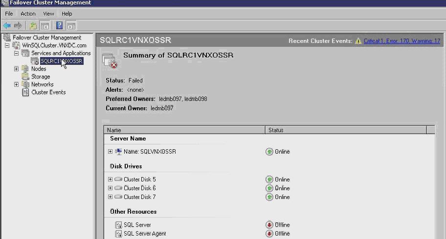 Bare Metal Recovery of Microsoft SQL Server b. Ensure that the disk is online as shown in Figure 4 on page 31. Figure 4 Viewing disk drive status in Failover Cluster Management c.