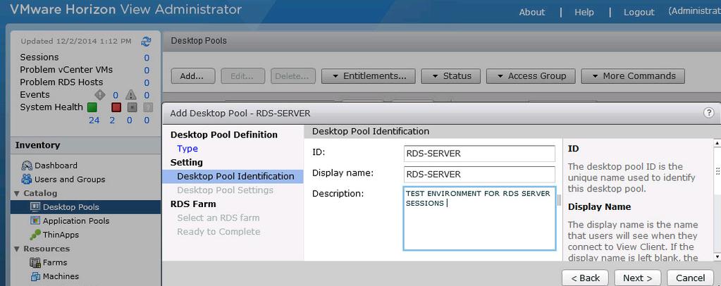 Figure 46. Configure Settings for the RDS Desktop Pool 6.