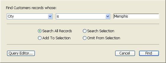 The Find button is used to query for a certain selection of records or single record. When the user clicks the Find button, the following dialog will open.