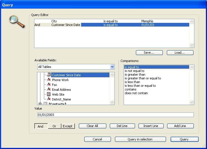 Query Editor Dialog for doing complex searches The application is built with a multi-process architecture so that multiple windows can be open at the same time with multiple processes communicating