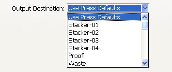 Output Destination is a pop-up list field that allows the user to select from a list of Output Destinations. The default value is Use Press Defaults.
