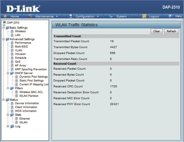 WLAN Traffic WLAN Traffic Statistics: This page displays wireless network