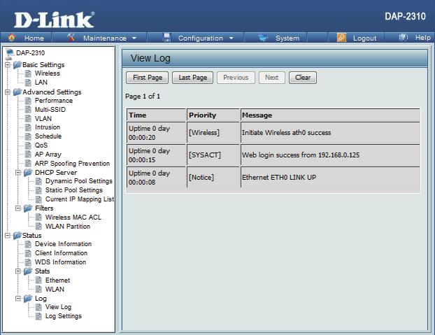 Log View Log View Log: The AP s embedded memory displays system and network messages including a time stamp and message type.