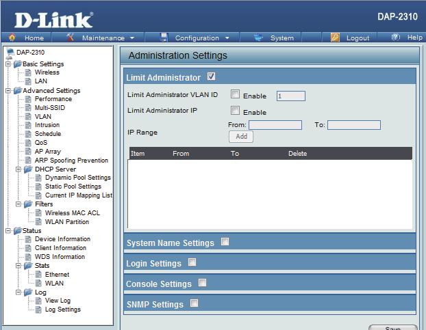 Limit Administrator Each of the five main categories display various hidden administrator parameters and settings.
