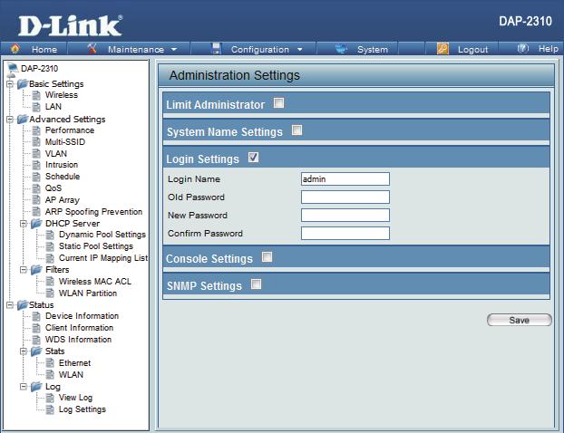 Login Settings Each of the five main categories display various hidden administrator parameters and settings. Login Name: Enter a user name. The default is admin.