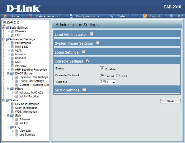Console Settings Each of the five main categories display various hidden administrator parameters and settings.
