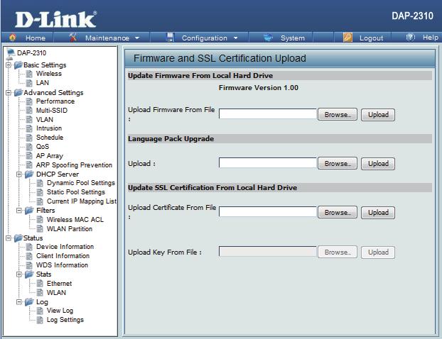 Firmware and SSL Certification Upload This page allows the user to perform a firmware upgrade. A Firmware upgrade is a function that upgrade the running software used by the access point.