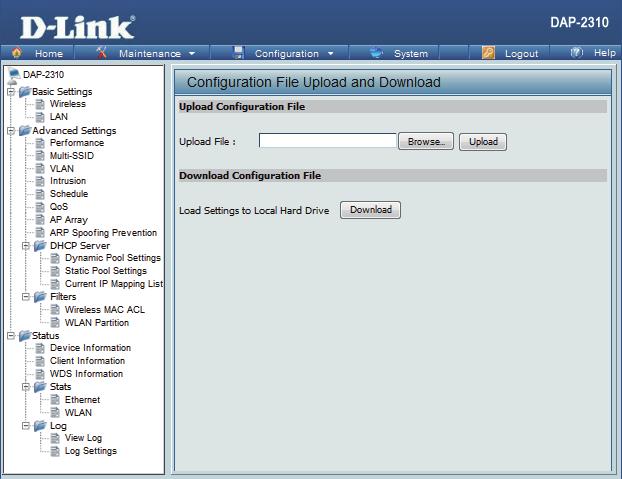 Upload File: Configuration File Upload Click the Browse button to locate a previously saved configuration file on your local computer.