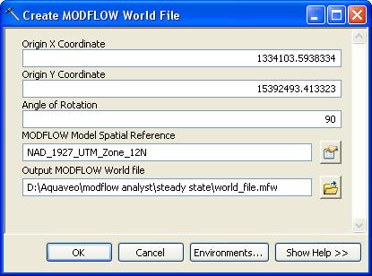Figure 8 Parameters for the Create MODFLOW World File tool. 5. Select the OK button to execute the tool. 6. Select the Close button when the tool has finished.