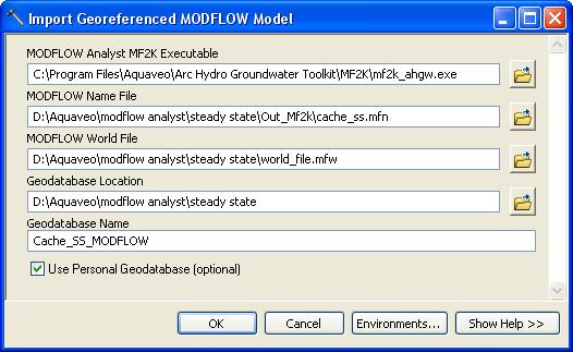 11. Select the steady state folder as the geodatabase location (the tool will create a new geodatabase in this folder). 12. Specify Cache_SS_MODFLOW for the geodatabase name.