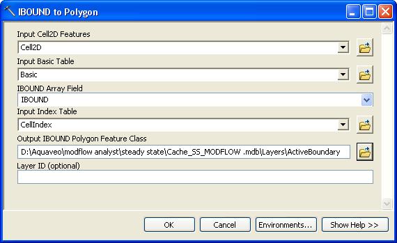 Figure 10 Settings for the IBOUND to Polygon tool. 8. Click OK to launch the tool. 9. When the tool is finished, click the Close button.