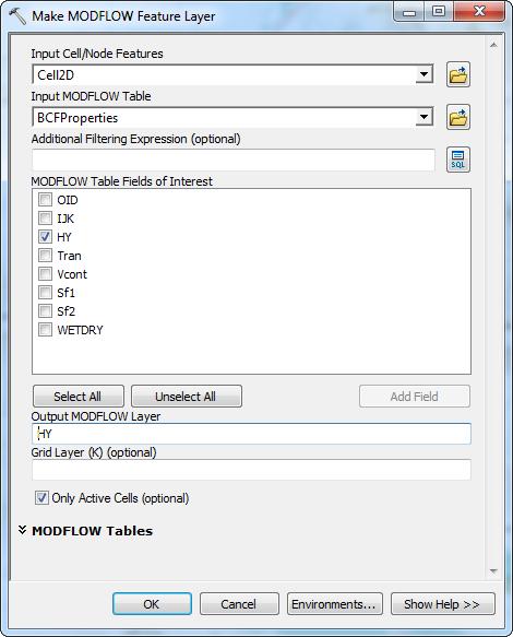 Figure 11 Settings for the Make MODFLOW Feature Layer tool. 6. Click on the OK button. 7. When the tool is finished, click on the Close button. The HY layer created is a temporary layer in ArcMap.