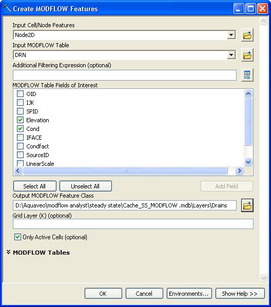 Figure 14 Settings for the Create MODFLOW Features tool. 8. Click on the OK button. 9. When the tool is finished, click on the Close button. You should see a new map layer appear called Drains.