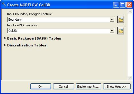11. Make sure the Basic Package Tables and Discretization Tables are all populated. Figure 18 Settings for the Create MODFLOW Cell3D tool. 12. Click on the OK button. 13.