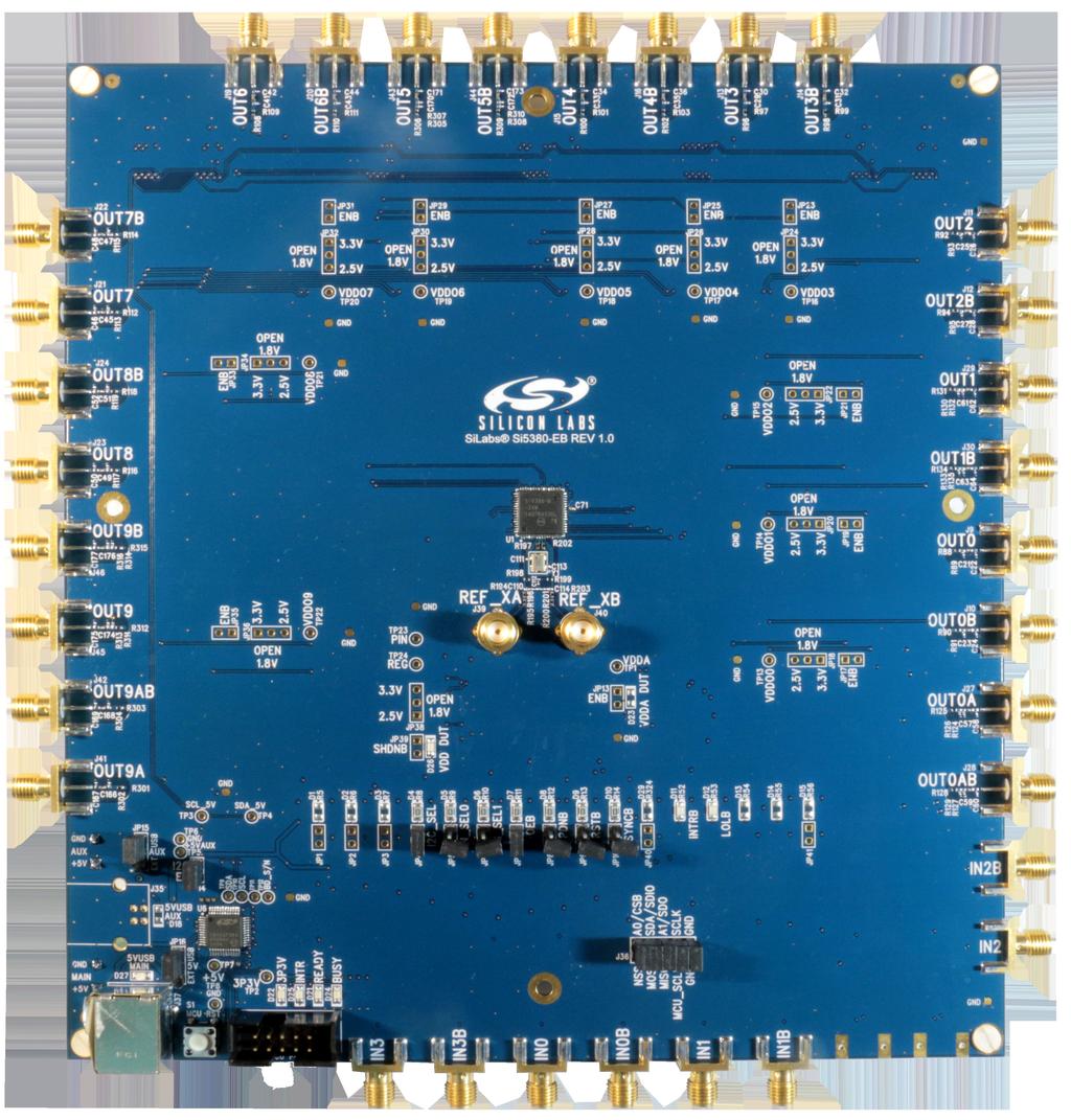 Si5380-D Evaluation Board User's Guide The Si5380-D-EVB is used for evaluating the Ultra Low Jitter, AnyFrequency, 12-output JESD204B Clock Generator.