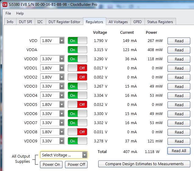 Application 2: Figure 6.5. EVB GUI Use the EVB GUI to do the following: Download configuration to EVB s DUT (Si5380). Control the EVB s regulators. Monitor voltage, current, power on the EVB. 6.5 Common ClockBuilderPro Work Flow Scenarios There are three common workflow scenarios when using CBPro and the Si5380-D-EVB.