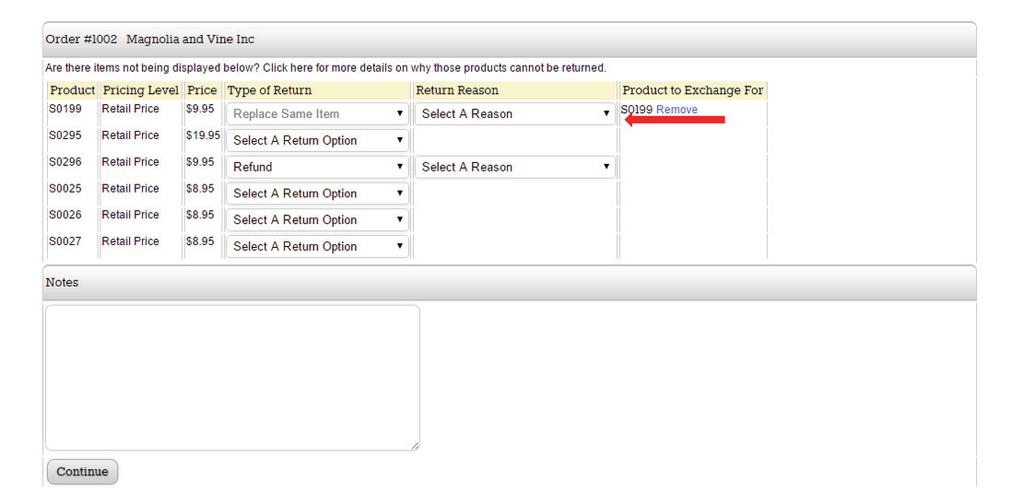 Step 3 - Locate the item to be returned/exchanged and select the Type of Return from the drop down menu.