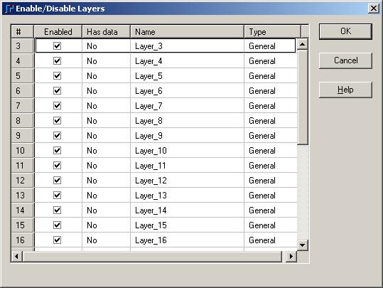 .. button to display the Enable/Disable Layers window. Uncheck layers 3 to 20 and layer 25.