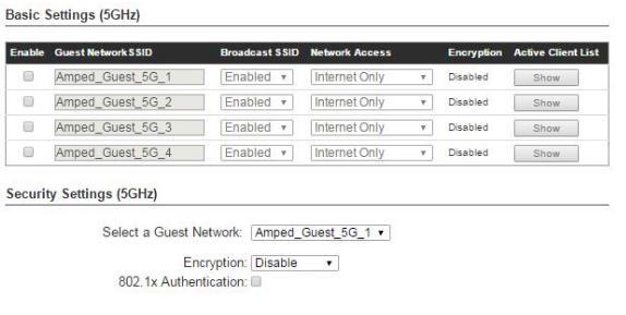 5GHz Wi-Fi Settings: Guest Networks (5.0GHz) Click Enable to create a Guest Network. Guest Networks provide a separate wireless network, with unique settings for users to connect to.