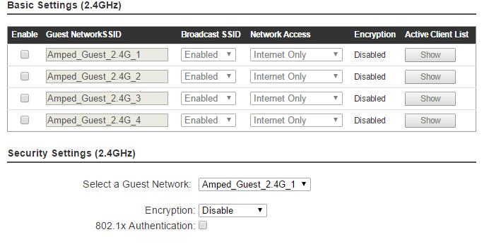 2.4GHz Wi-Fi Settings: Guest Networks (2.4GHz) Click Enable to create a Guest Network. Guest Networks provide a separate wireless network, with unique settings for users to connect to.
