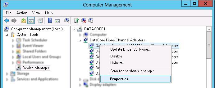 Locate and identify the fibre channel device in the operating system From the SANsymphony Console the fibre channel Port s PCI location can be obtained from the Info tab within the Server port