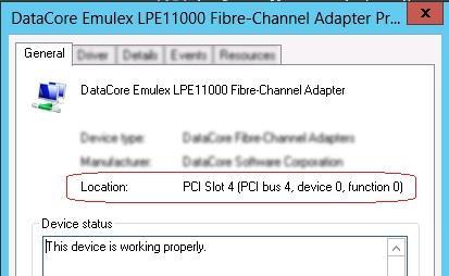 Replacing the DataCore fibre channel driver Under the General tab, the Location field shows the port's PCI location.