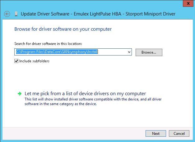 Replacing a third-party fibre channel driver Select Browse my computer for driver software.