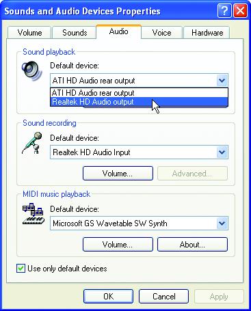 Playback device, in the Default device box, select ATI HD Audio rear output.