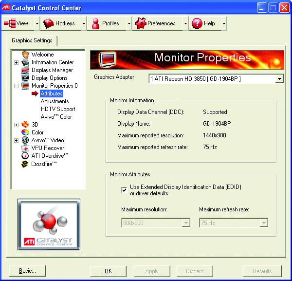 Monitor Properties 0: Attributes Monitor Attributes provides information about the attached monitor. You can also enable Extended Display Identification Data.